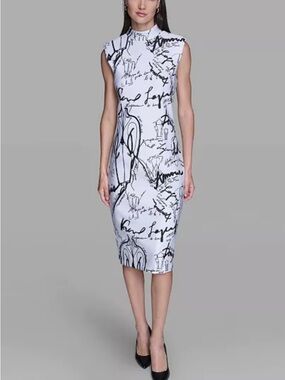 Karl Lagerfeld White Dress with Black Script Print scuba dress
